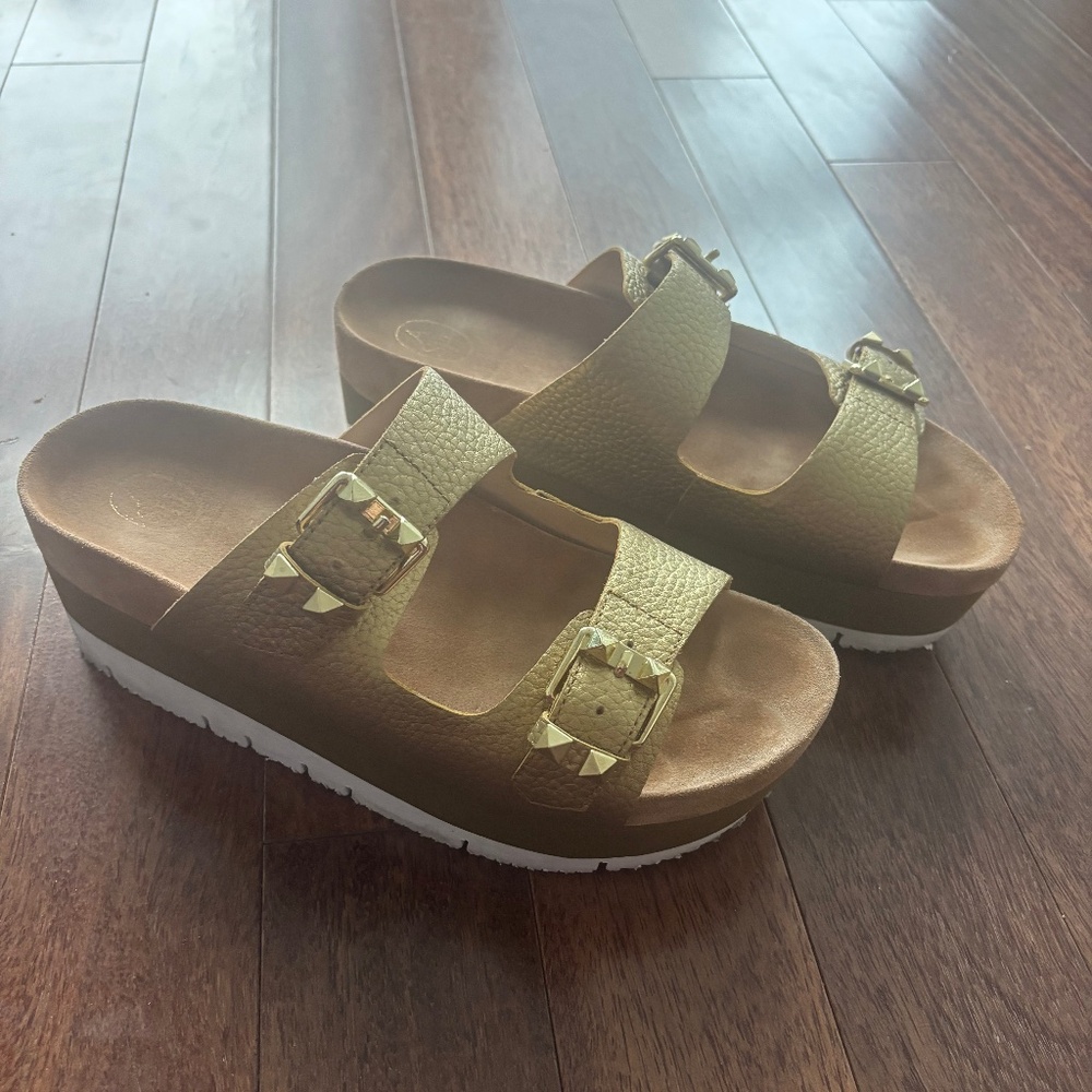 Women’s Metallic Gold Slide Sandals with Buckle Straps